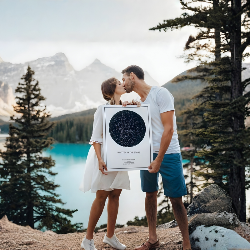 couple kissing while holding a frameless star map next to a lake