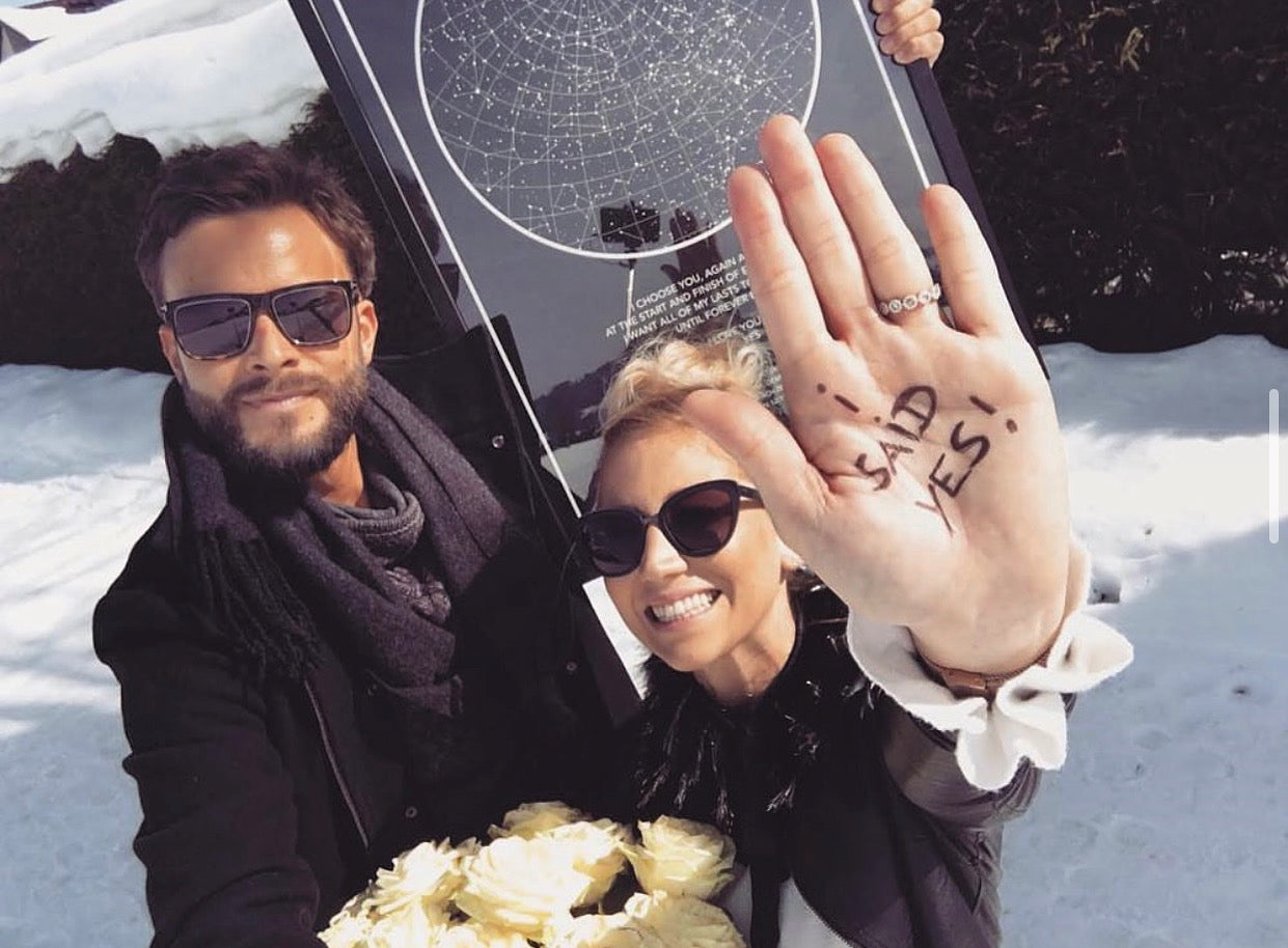Couple posing with their star map on their proposal day.