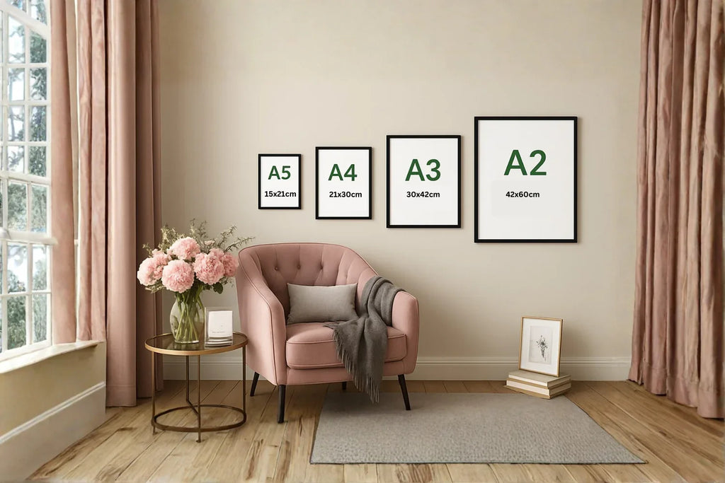 Framed wall art size comparison A5 to A2 in modern living room with pink chair and flowers