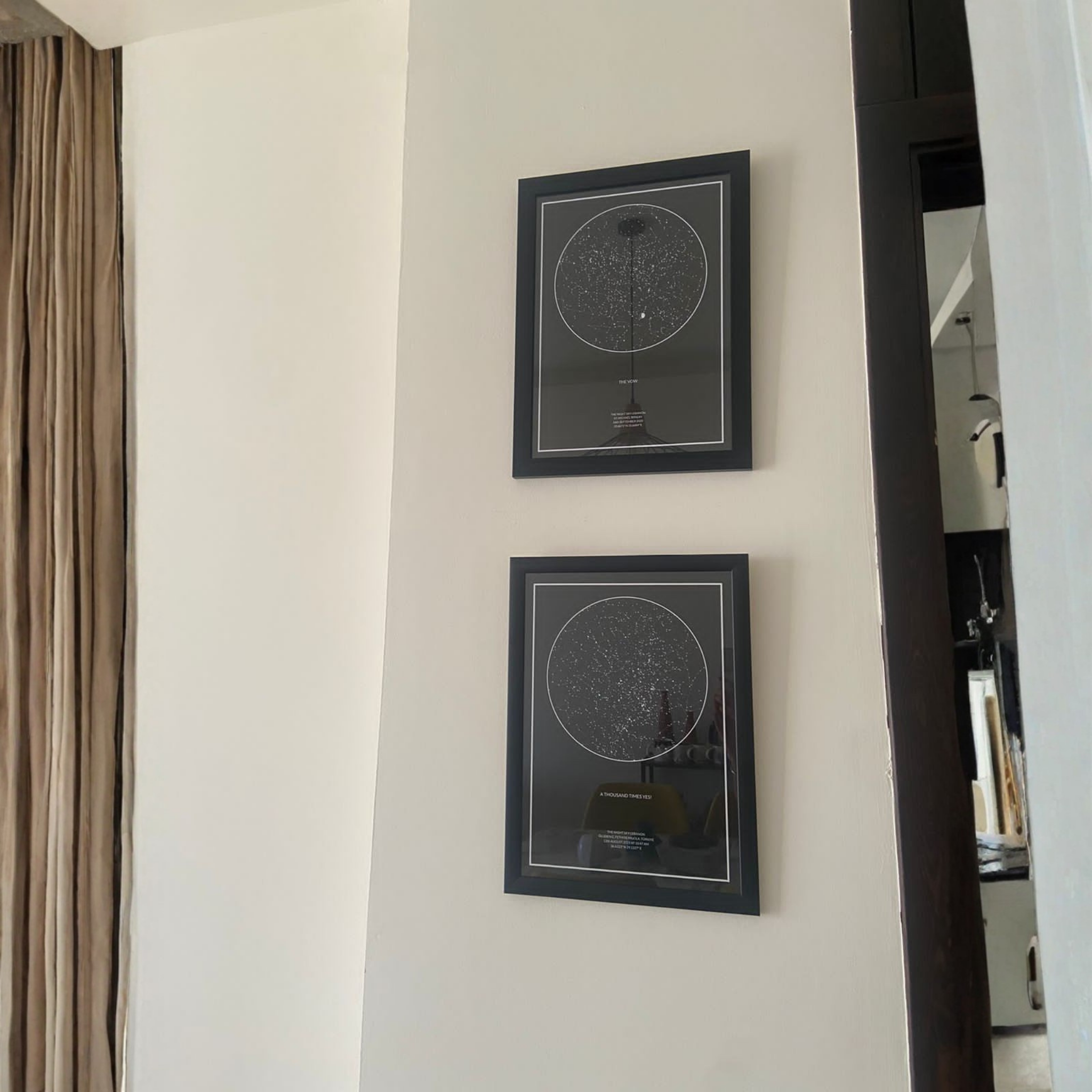 2 star maps hung on the wall, each celebrating a certain phase in life.