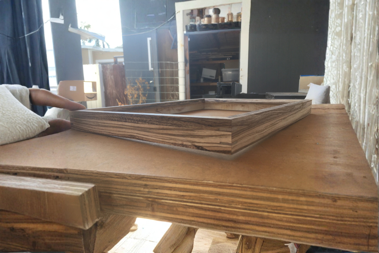 Unpainted wooden frame in workshop