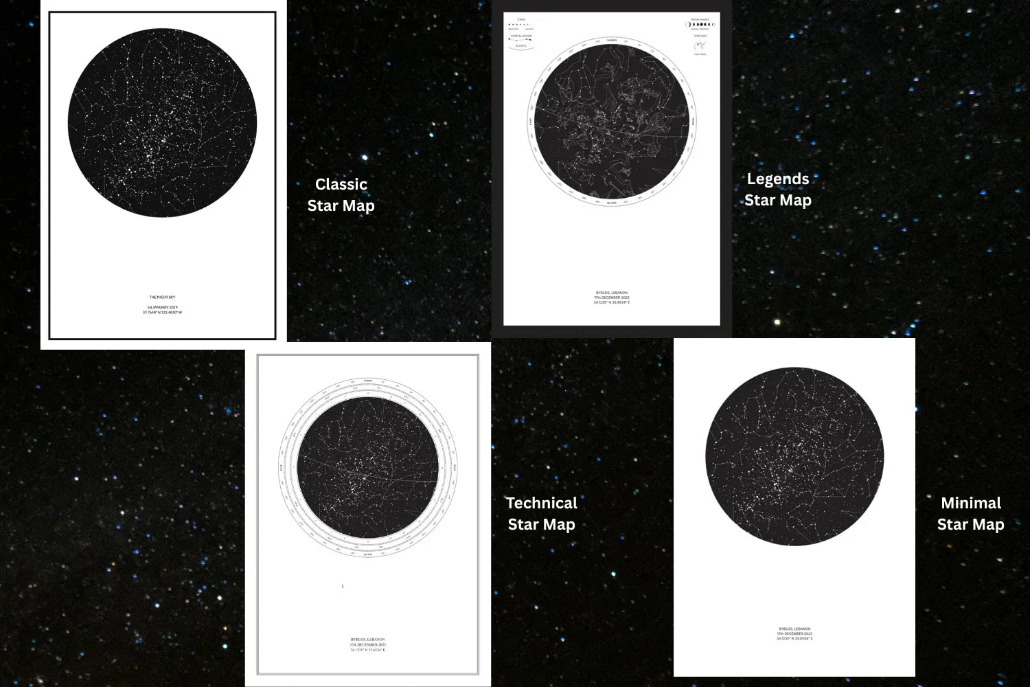Four types of personalized star maps—Classic, Legends, Technical, Minimal—on a starry background