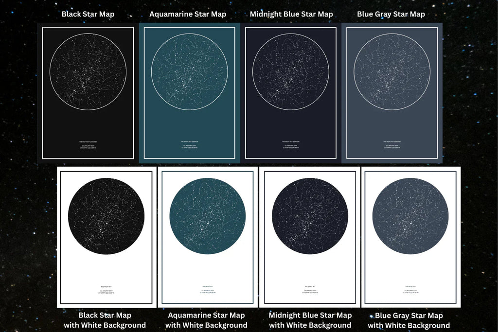 Eight personalized star map print designs in various colors and backgrounds, including black, aquamarine, midnight blue, and blue gray options.