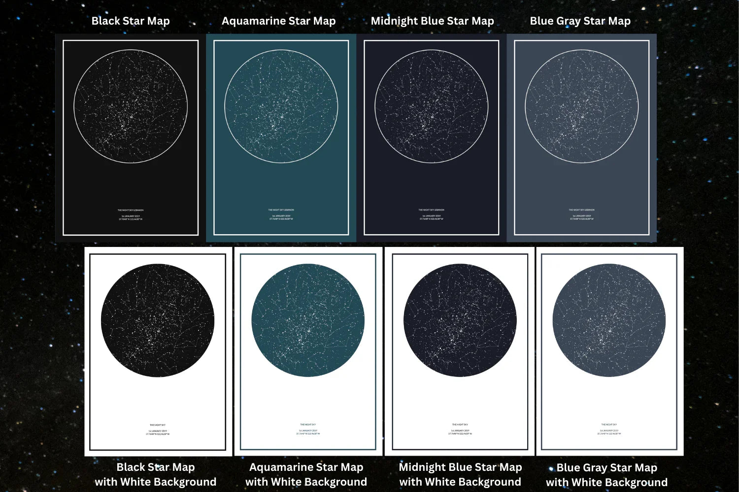 Eight personalized star map print designs in various colors and backgrounds, including black, aquamarine, midnight blue, and blue gray options.