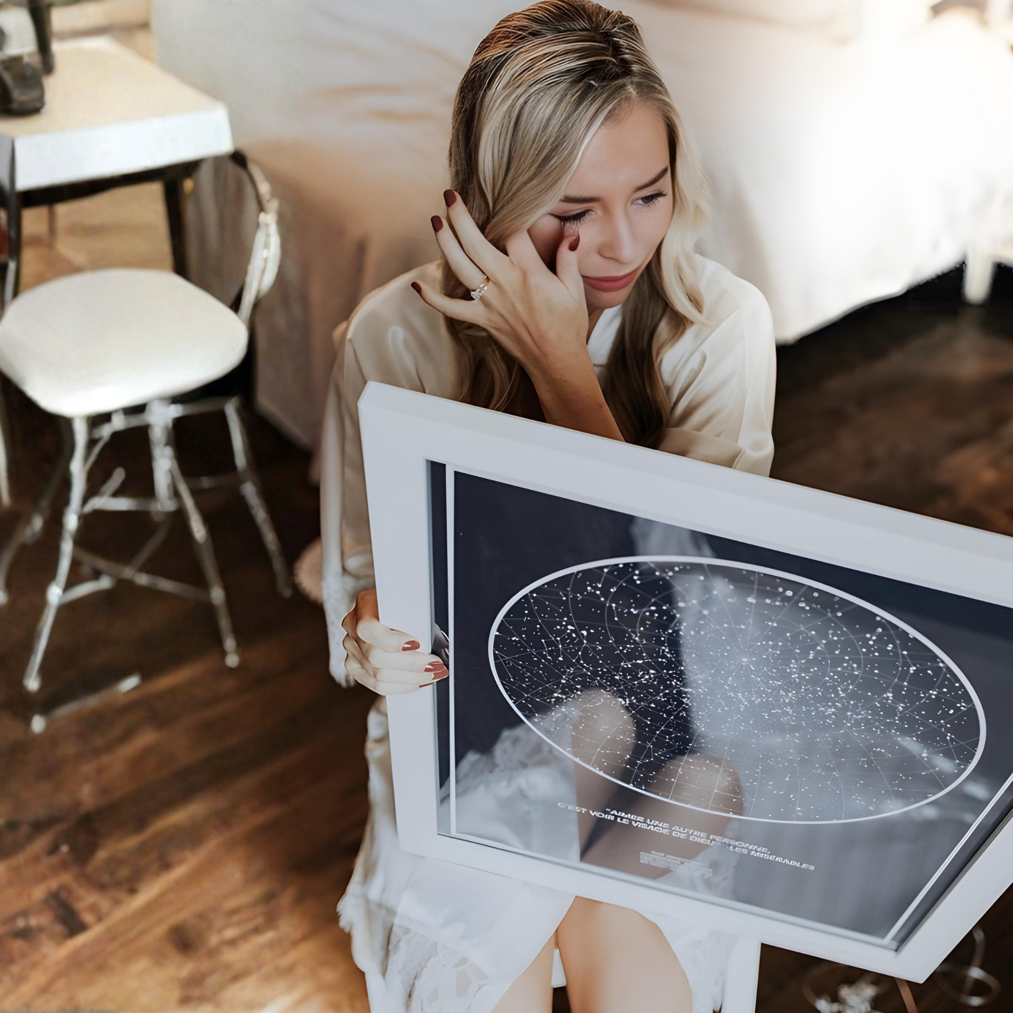 Bride feeling emotional after unboxing her Framed star map on her wedding day.