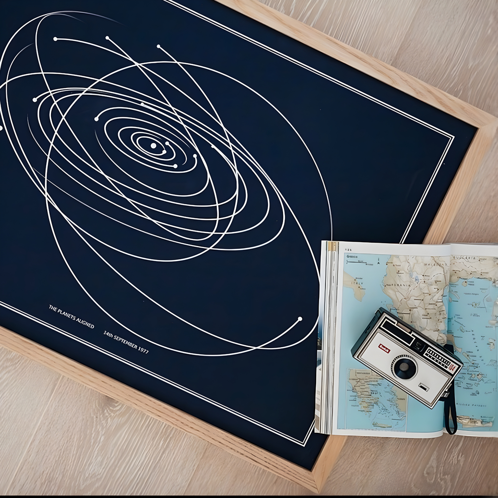 Framed solar map with a camera and a world map