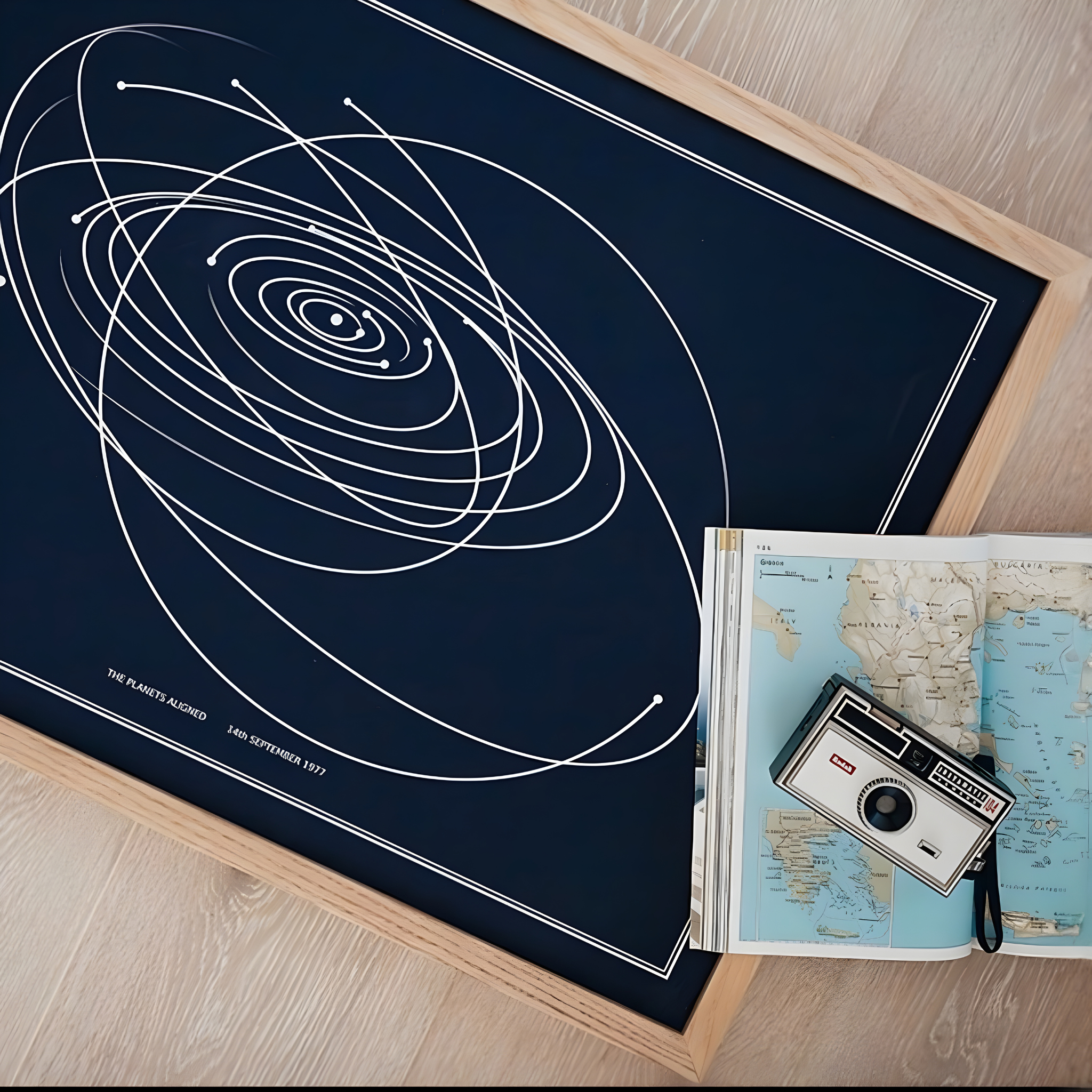 Framed solar map with a camera and a world map