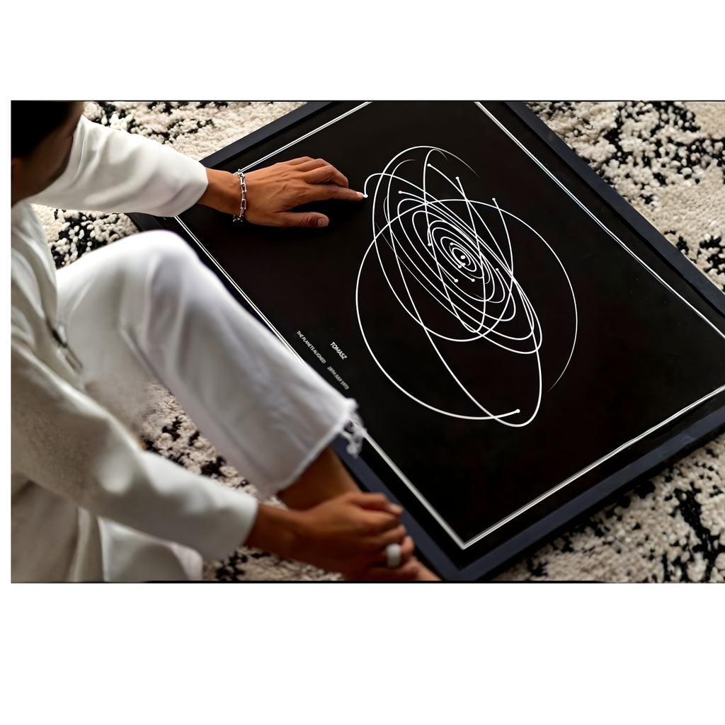 A man wearing white, sitting on a rug and admiring his solar map.