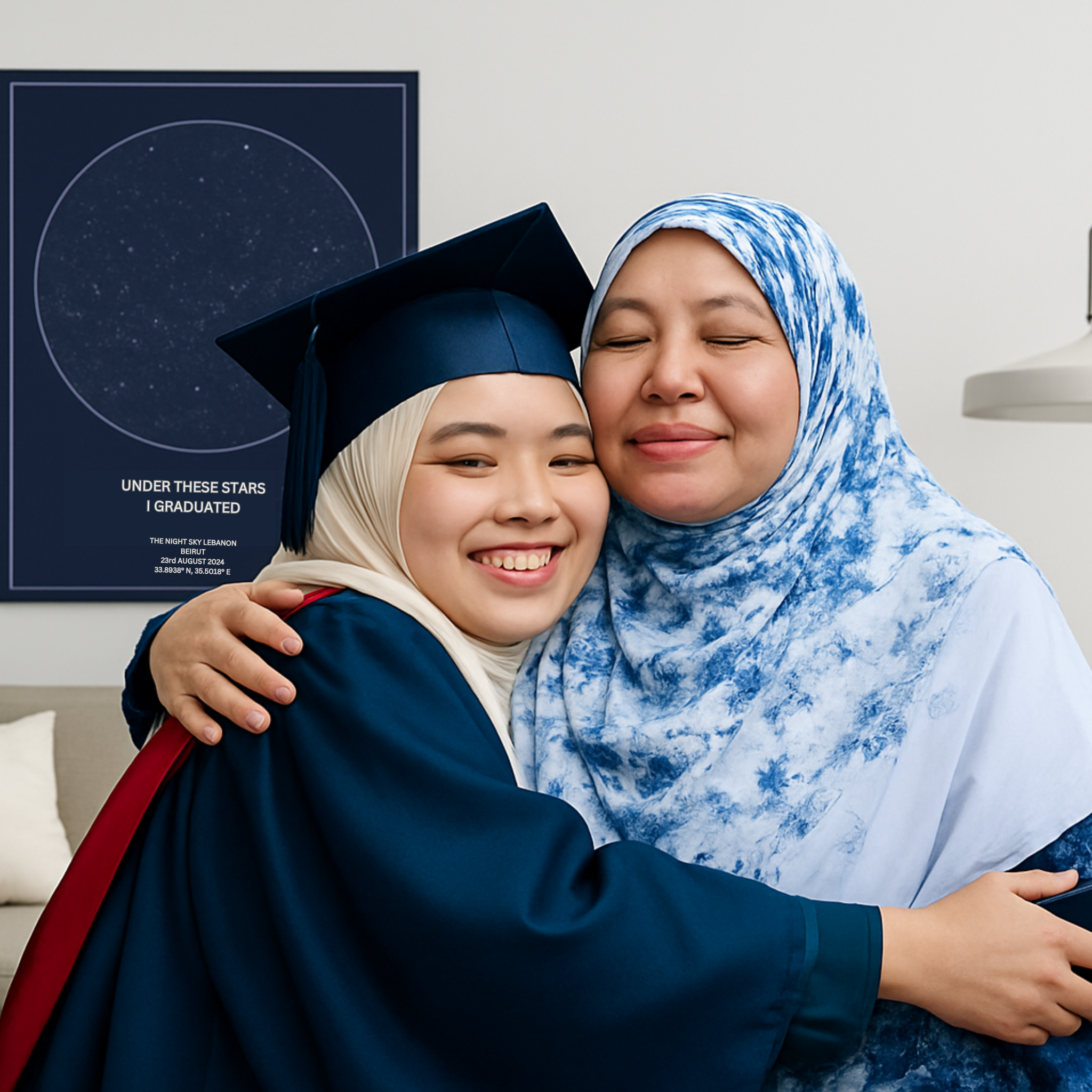 A girl celebrating her graduation with her mother in front of a framed star map
