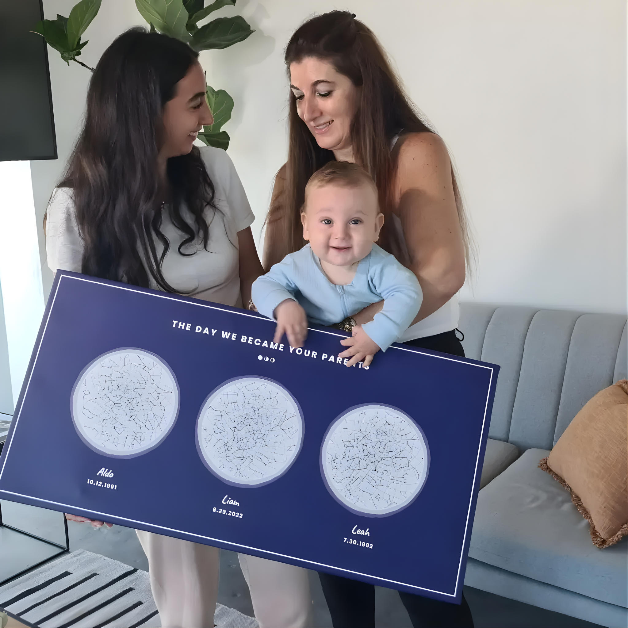 A mother and her sister holding her baby along with a huge poster that includes 3 star maps.