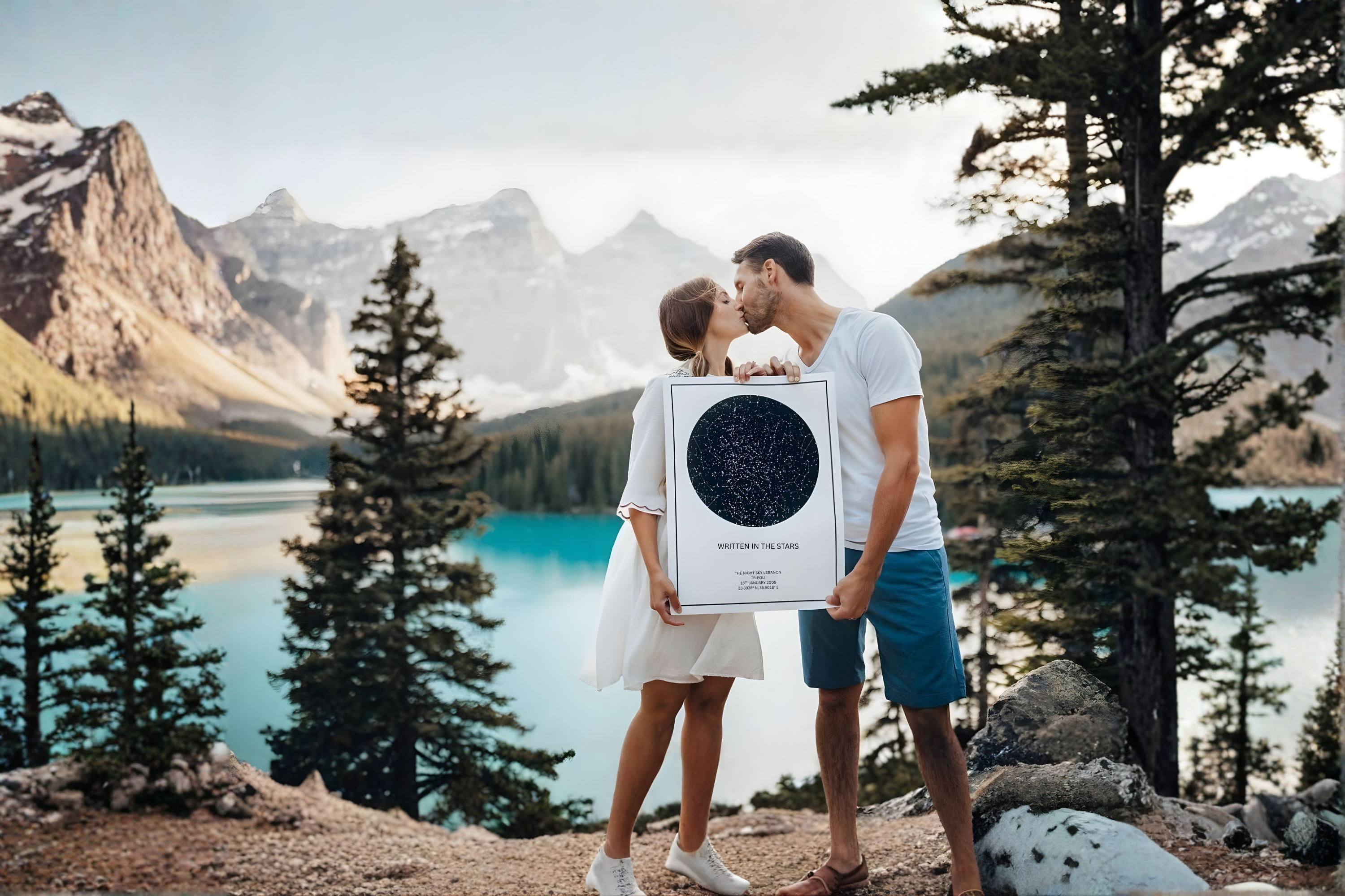 Couple kissing next to a lake holding a frameless star map