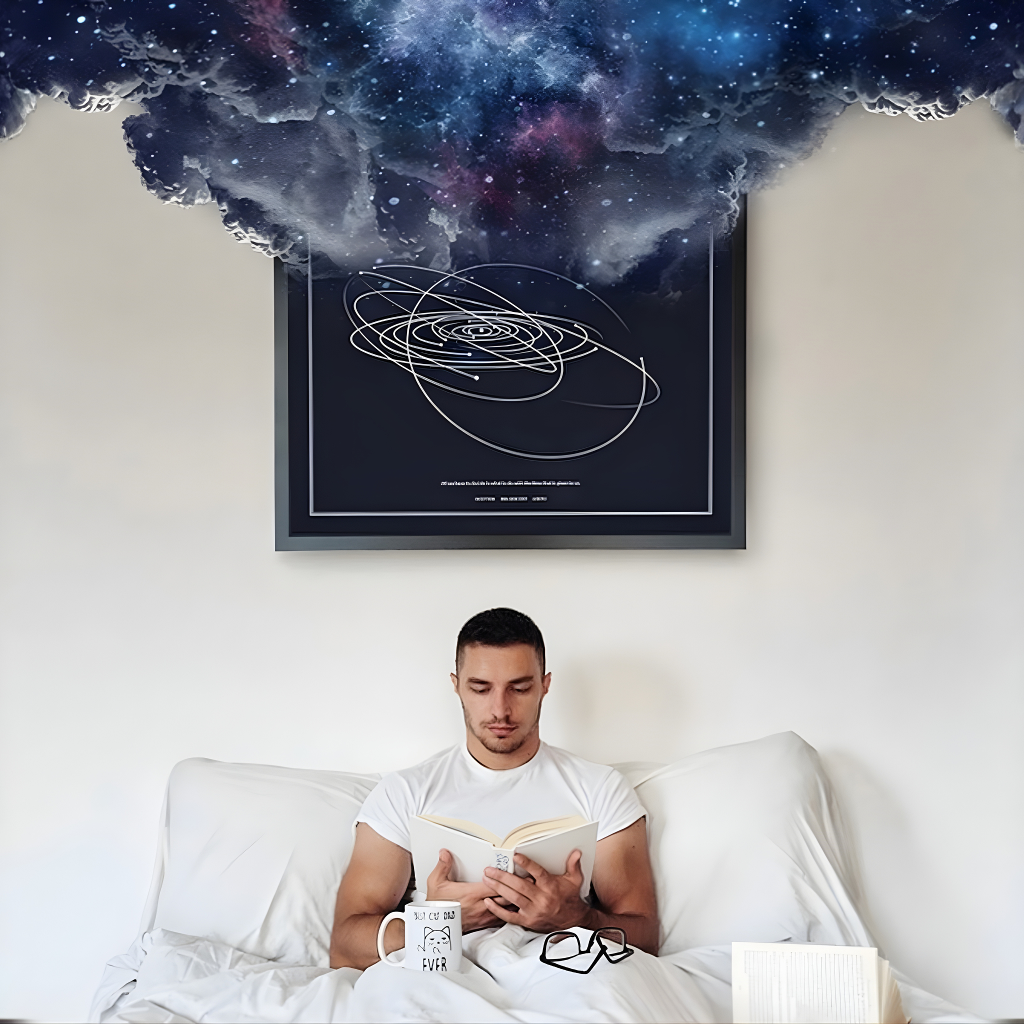 man sitting in bed reading a book with a solar map behind him expanding his imagination.