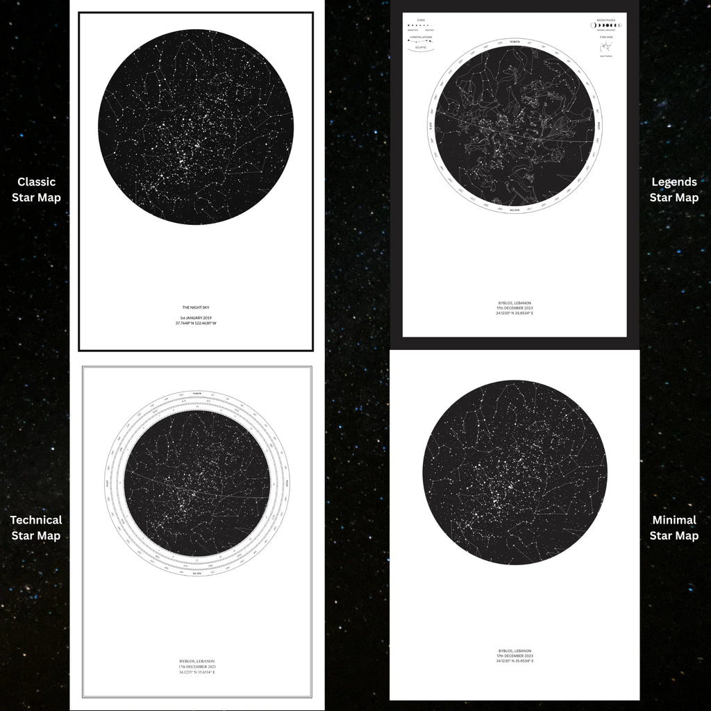 Four personalized star map print designs labeled Classic, Legends, Technical, and Minimal.