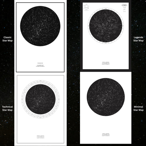 Four personalized star map print designs labeled Classic, Legends, Technical, and Minimal.