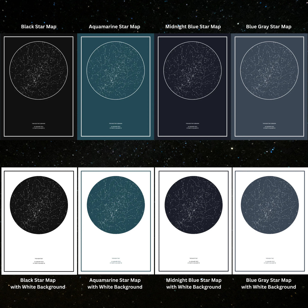 Personalized star map prints in black, aquamarine, midnight blue, and blue gray color options.