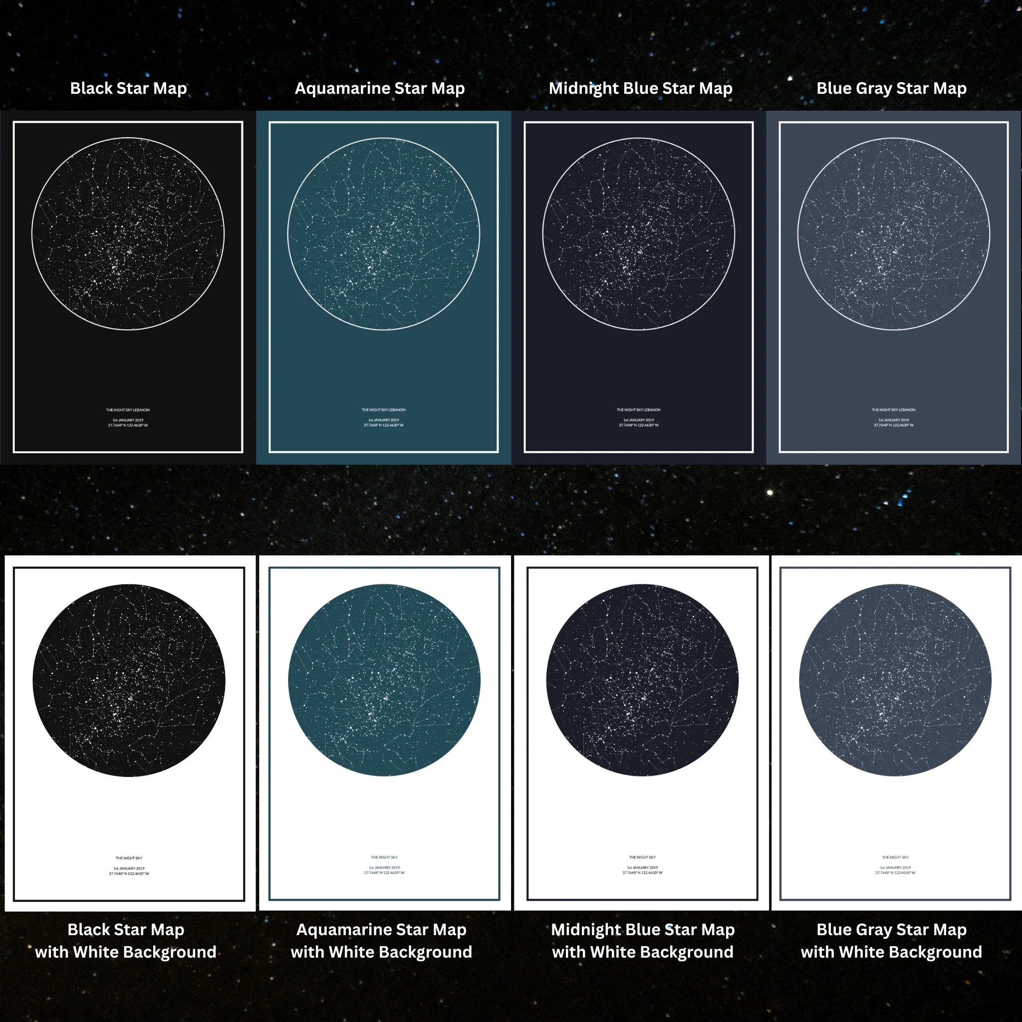 Personalized star map prints in black, aquamarine, midnight blue, and blue gray color options.