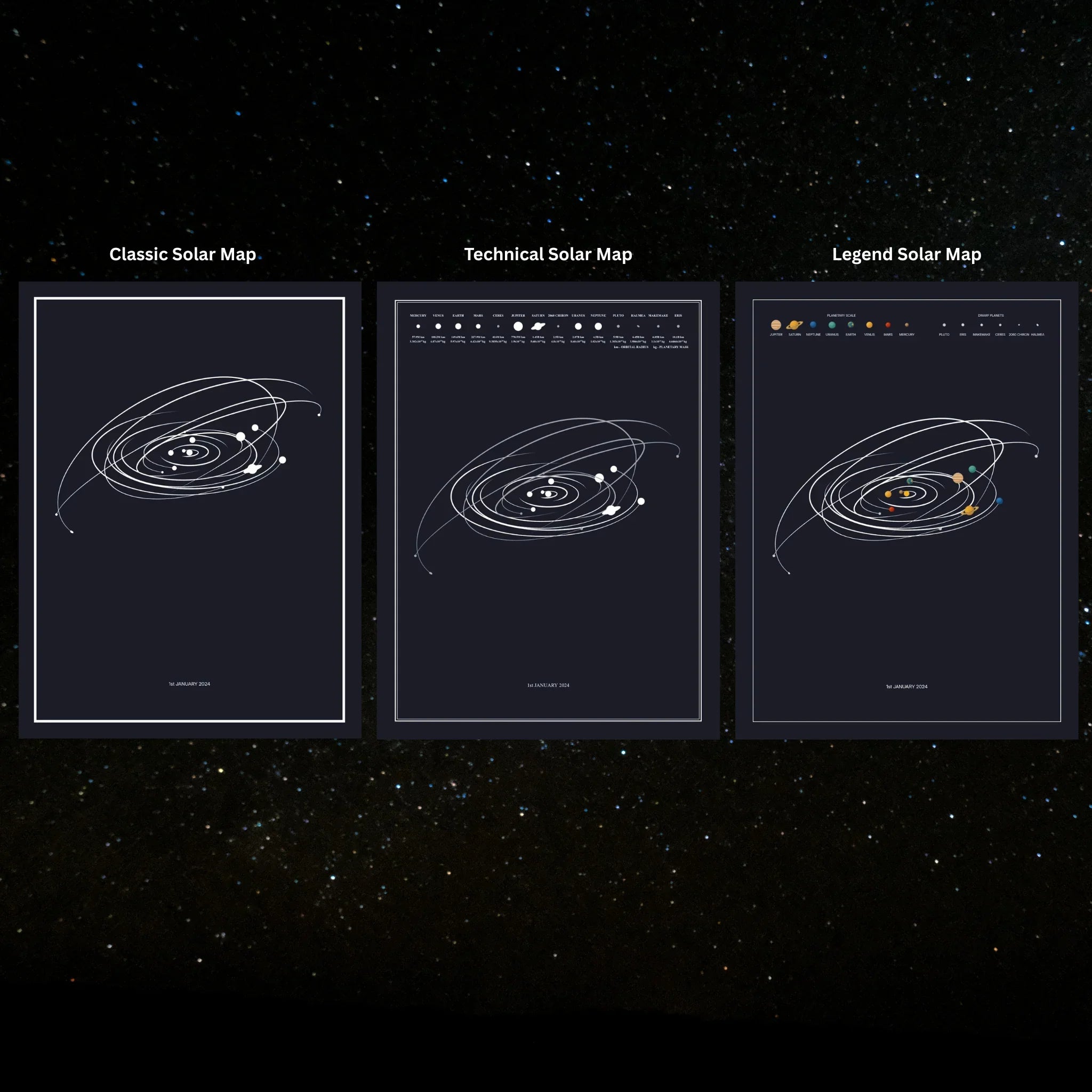 Three personalized solar system map prints showing planetary orbits on a dark background.