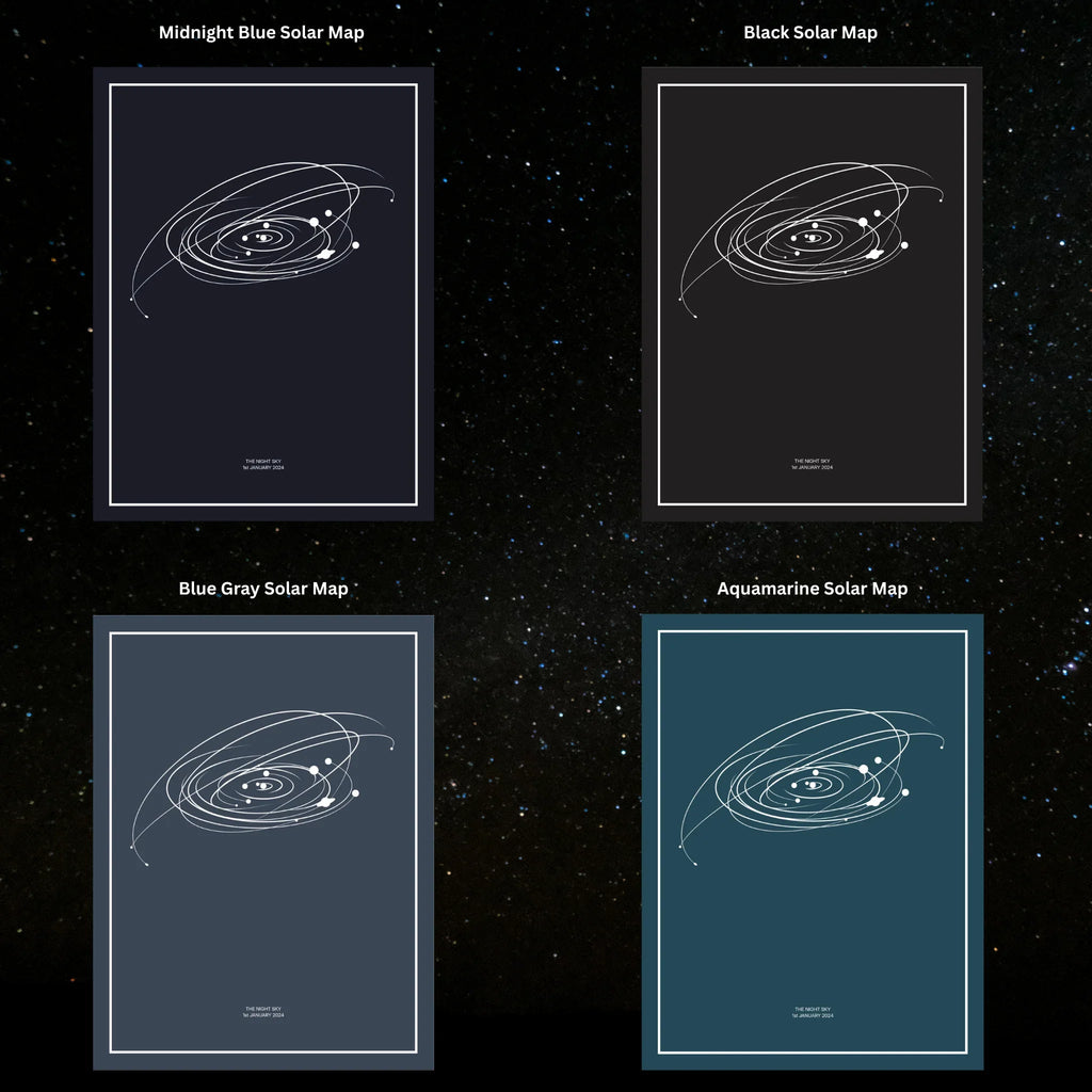 Four personalized solar map prints in midnight blue, black, blue gray, and aquamarine colors.
