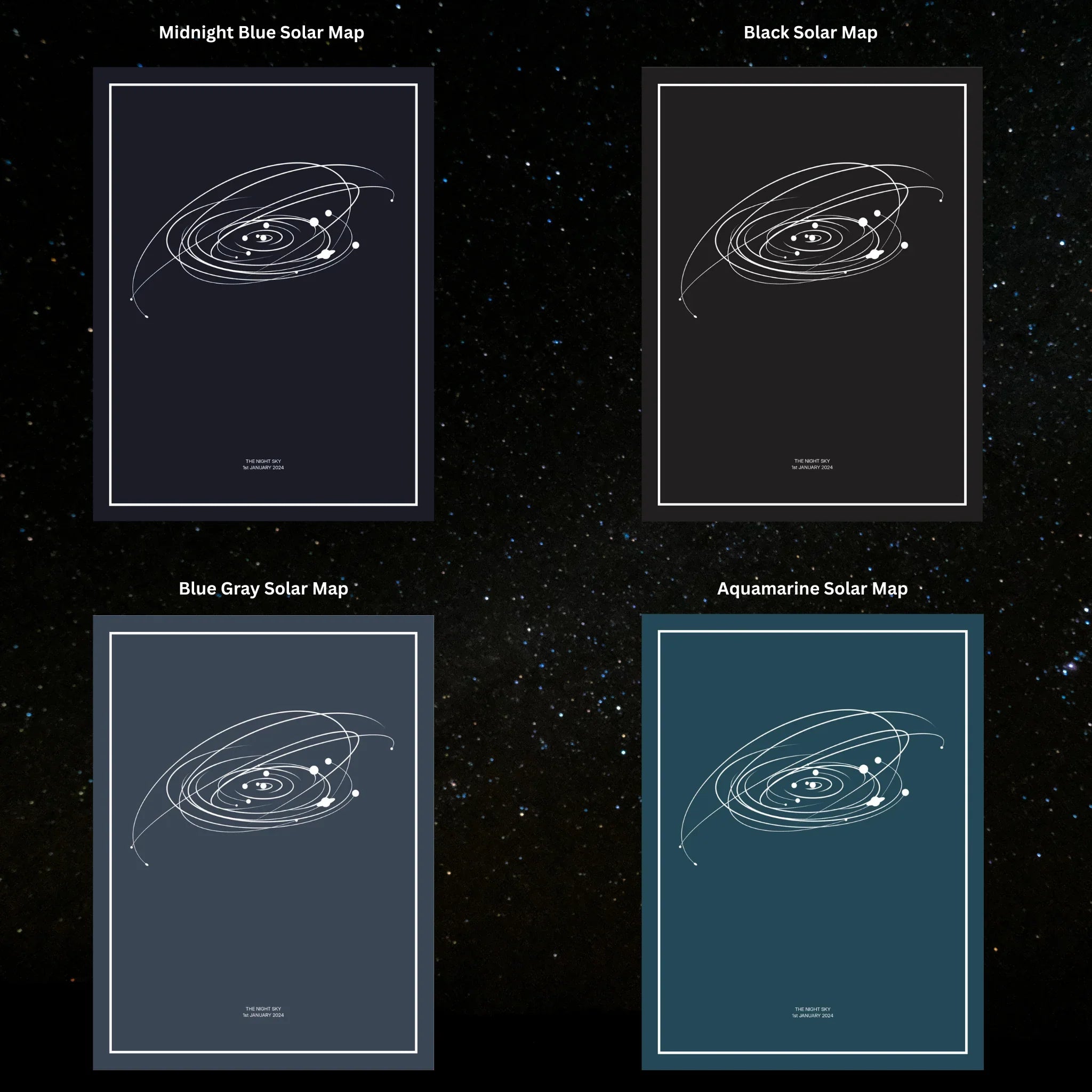 Four personalized solar map prints in midnight blue, black, blue gray, and aquamarine colors.