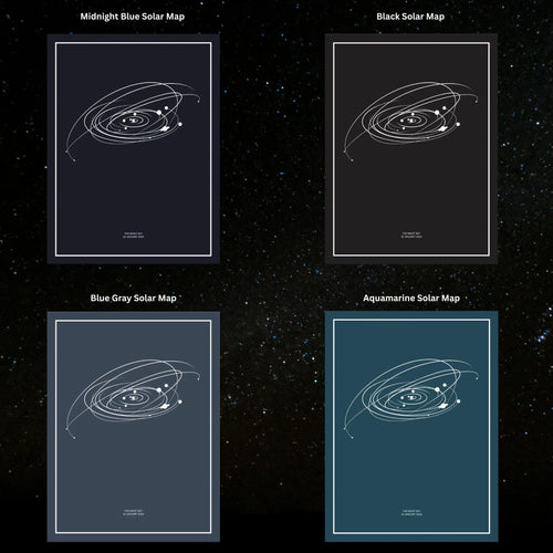 Four personalized solar map prints in midnight blue, black, blue gray, and aquamarine colors.