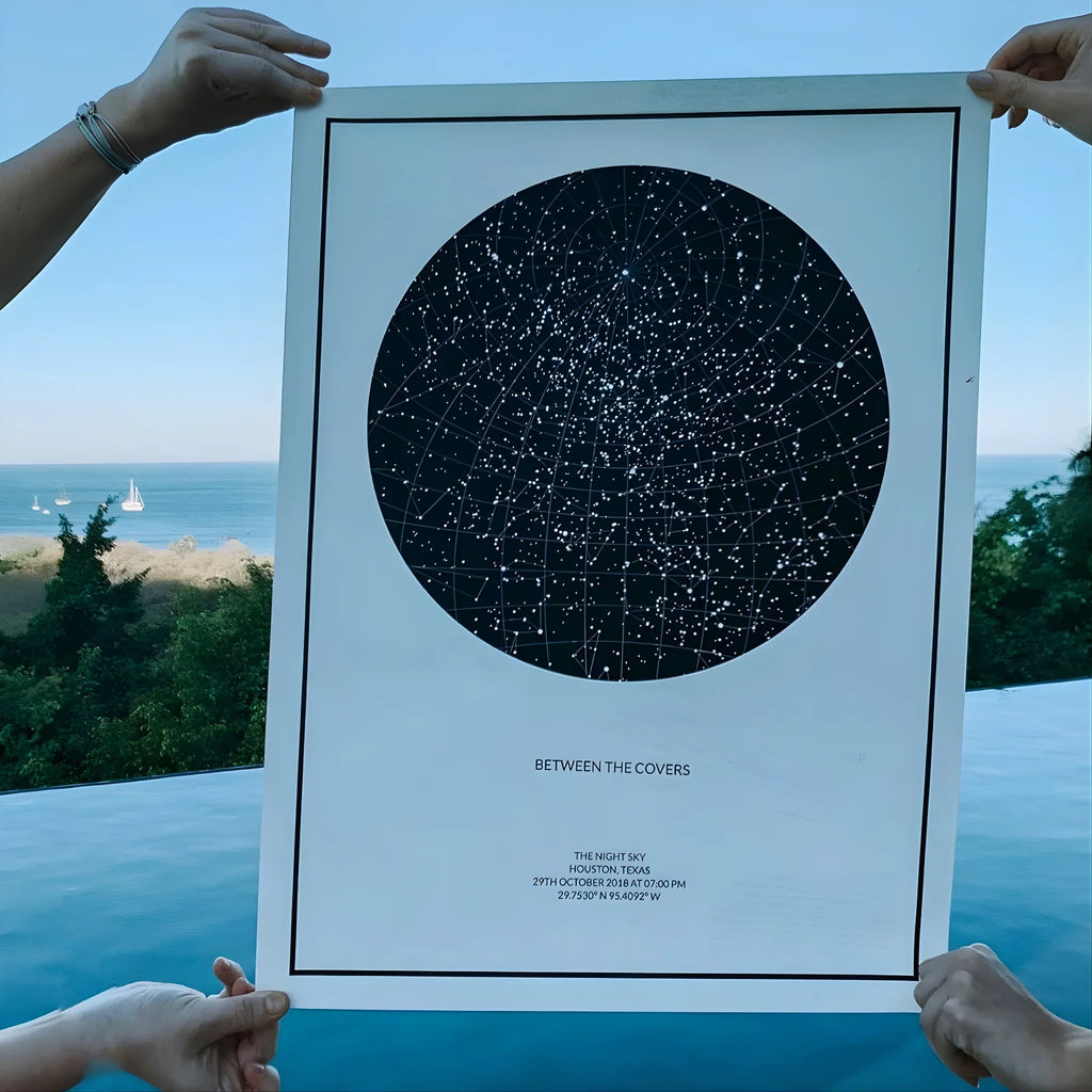Personalized star map print held outdoors near ocean, custom night sky poster gift