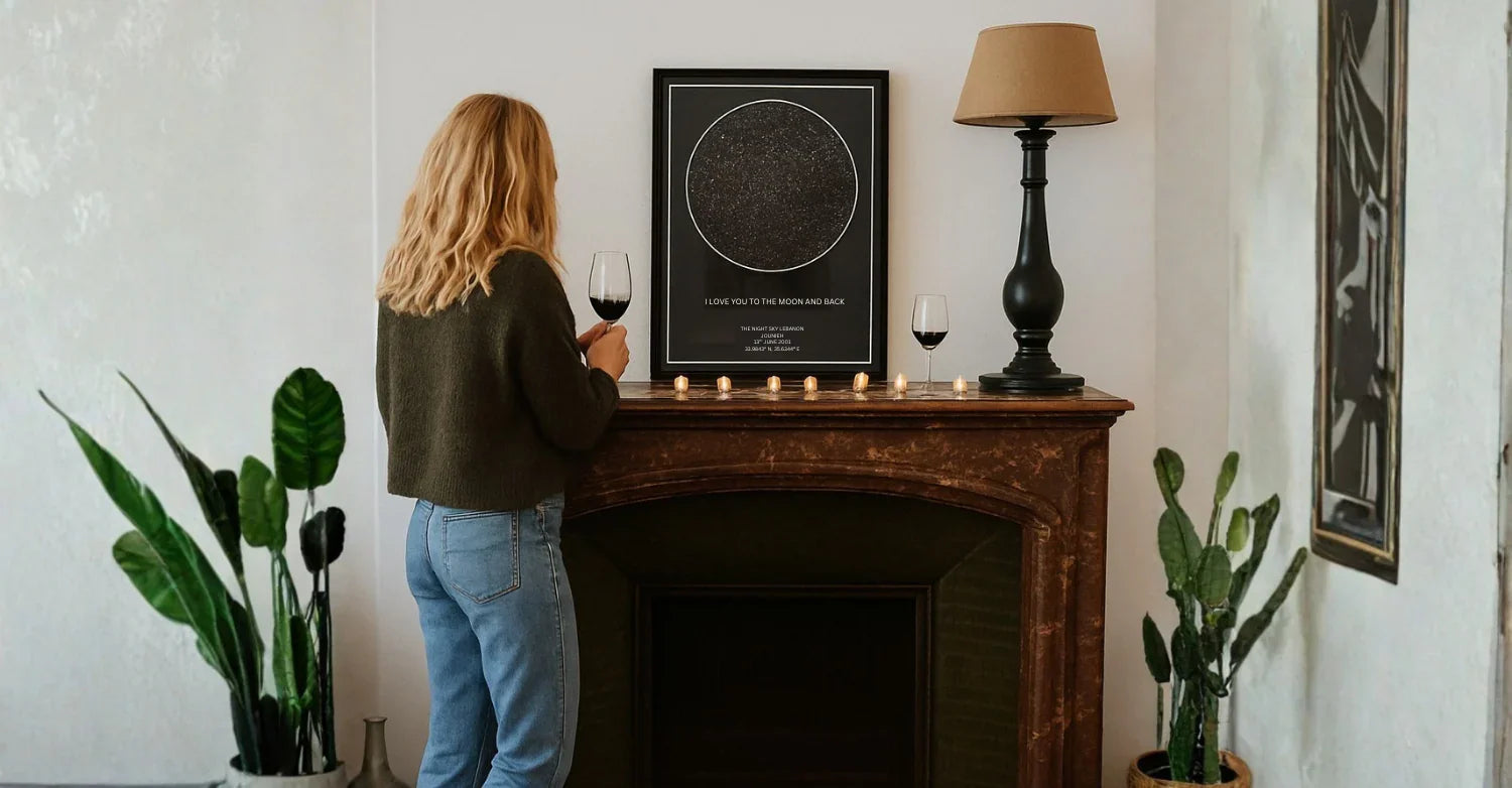 Woman holding wine glass admiring personalized star map print on mantle with candles and plants