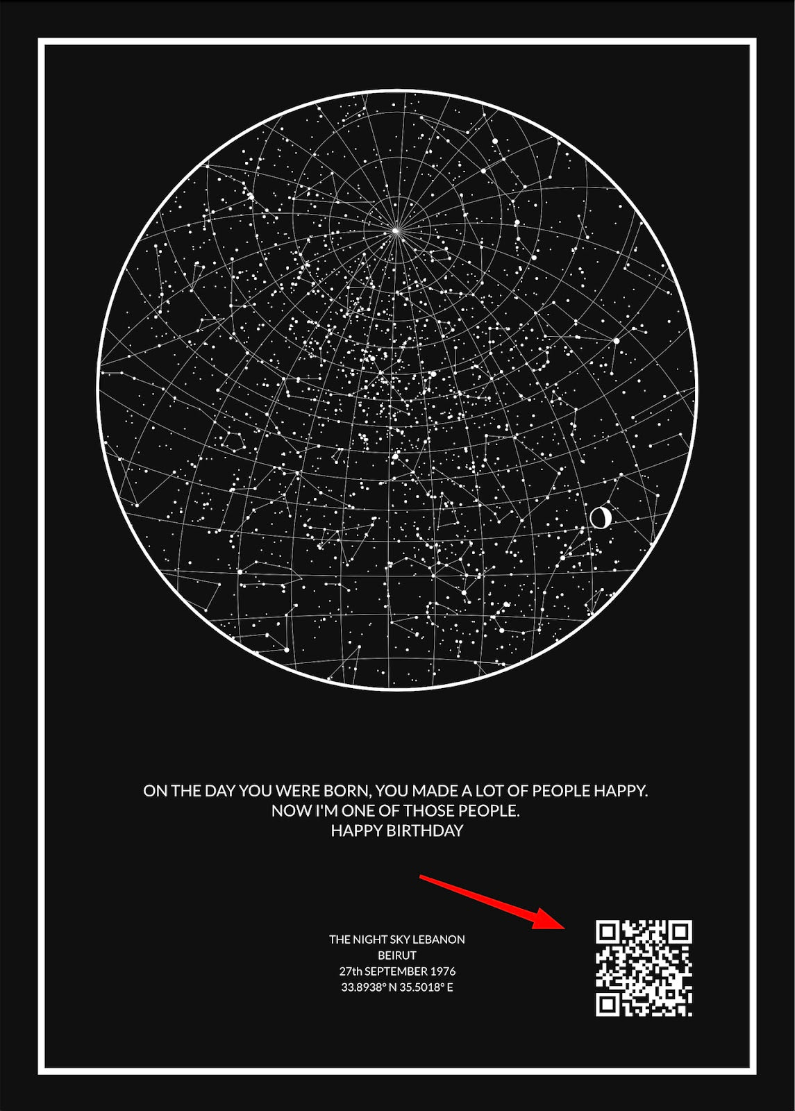 Full Black digital print star map with a red arrow pointing at the QR code